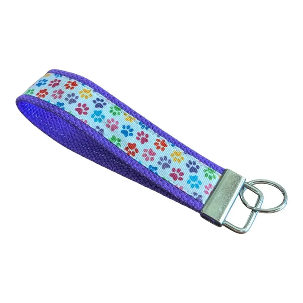 Paw Prints Keychain Wristlet Handmade Boho Fabric Key FOB Gift Cat Dog Pet Puppy